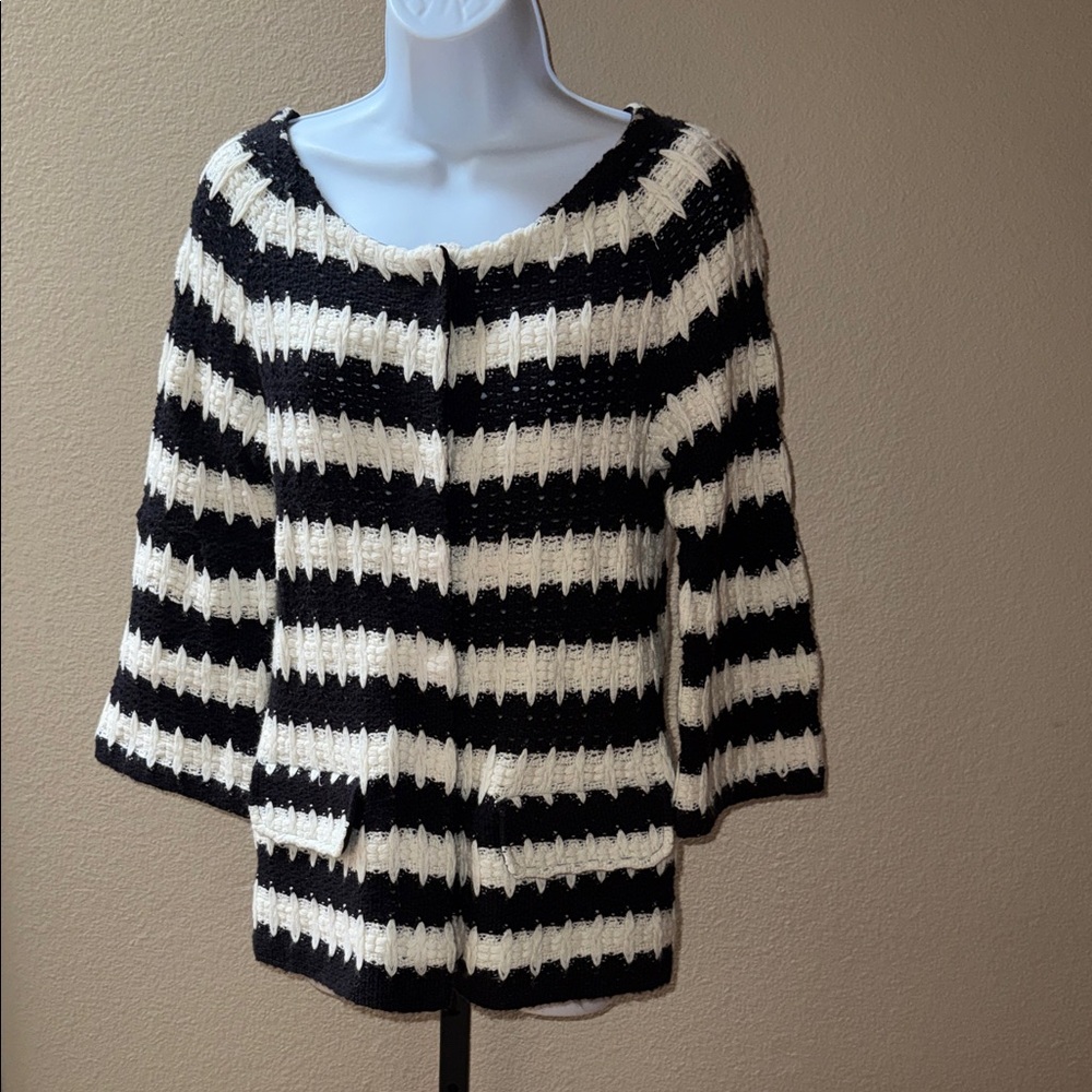 Anthropologie HWR Black and Cream Spike Striped 3/4 Sleeve Cardigan Women’s Sz S
